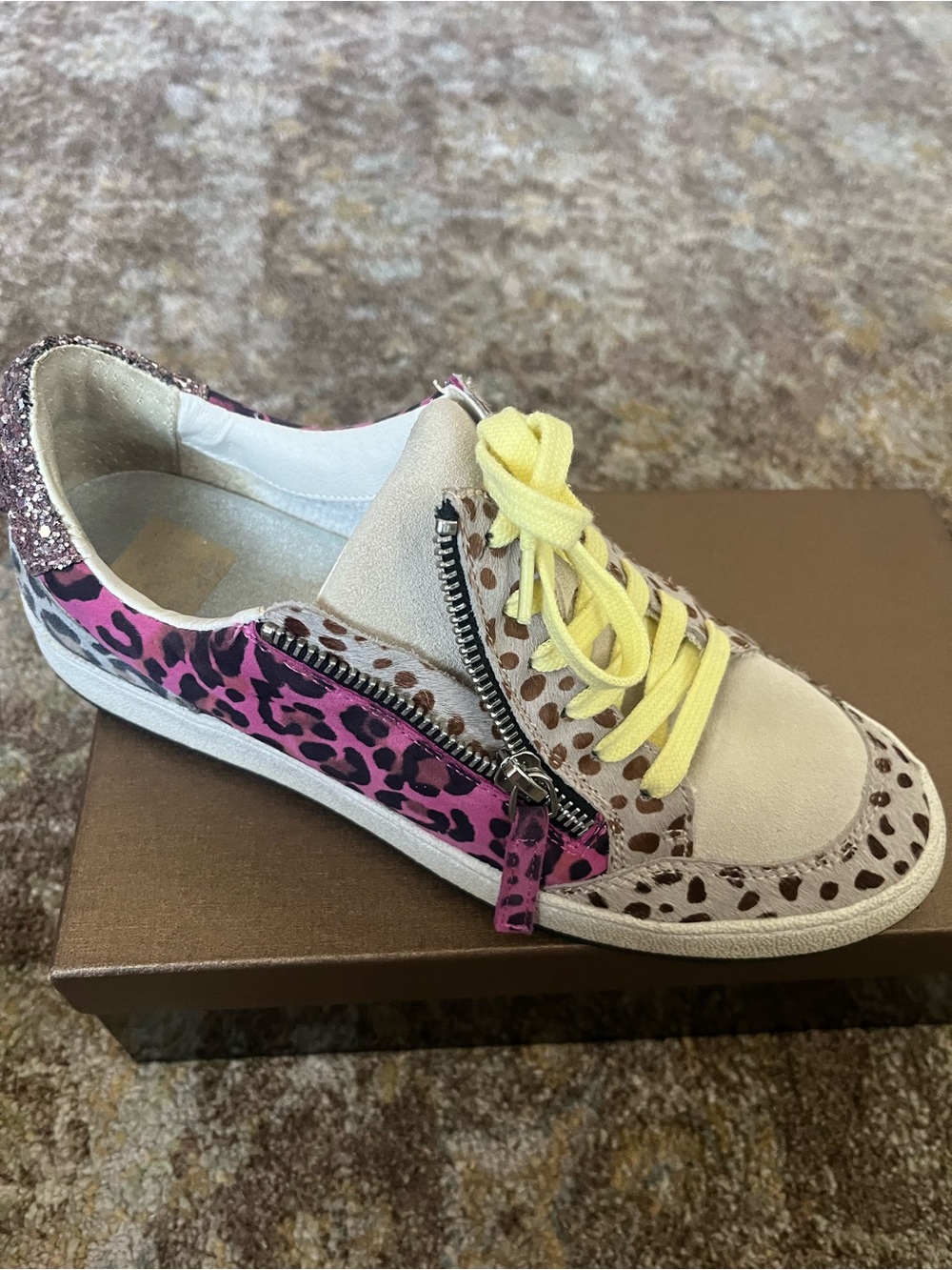 Pink Leopard Print Casual Sneakers with Yellow Laces
